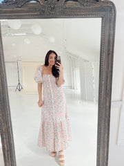 Spring To It Midi Dress - Cream Pink Floral