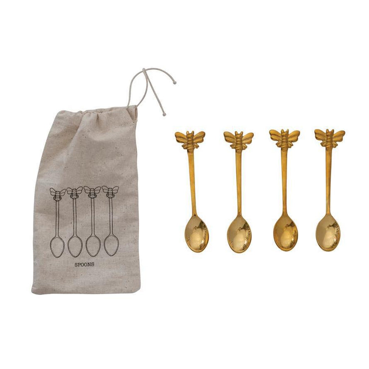 Bee Brass Spoons, Set of 4 in Printed Drawstring Bag