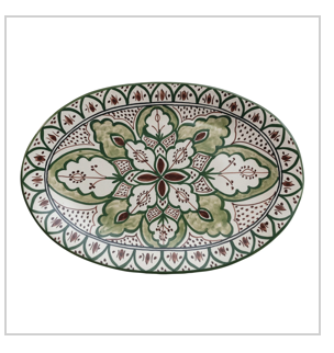 Hand-Painted Stoneware Platter w/ Design, Cream Color, Brown & Green