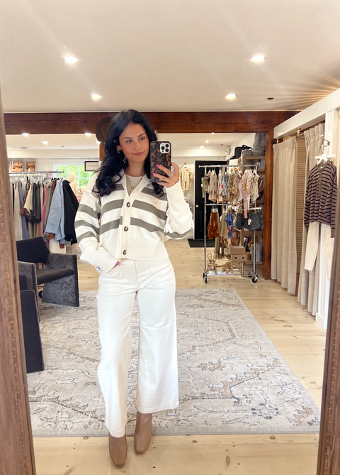 Stripe It Or Not Button Down Cardi - Cream/Olive