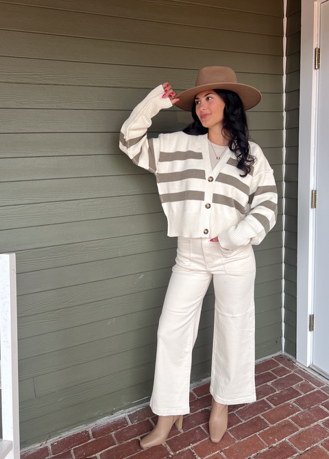 Stripe It Or Not Button Down Cardi - Cream/Olive