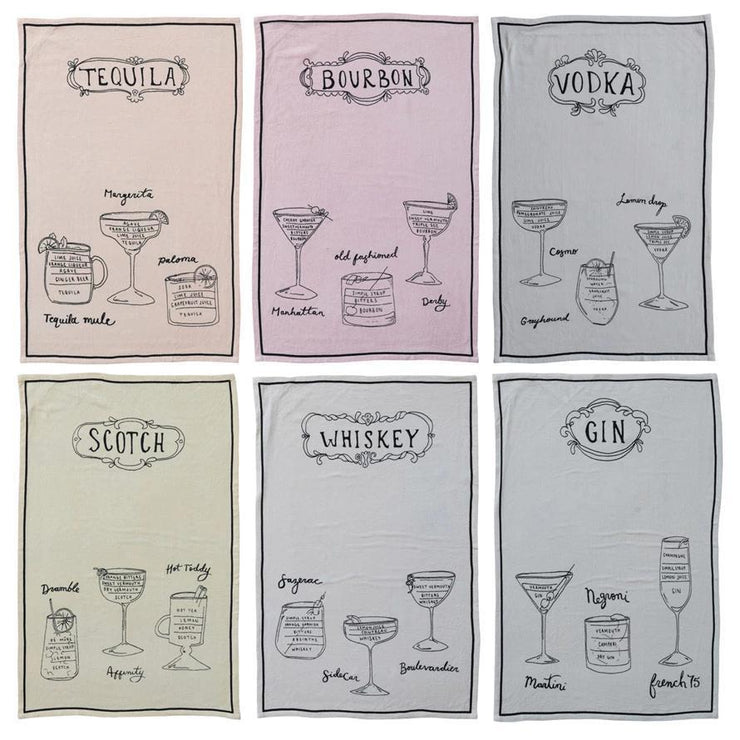 Linen Blend Tea Towel with Cocktail Recipes & Art - all styles