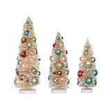 Sisal Bottle Brush Trees w/ Multi Color Ornaments & Wood Bases