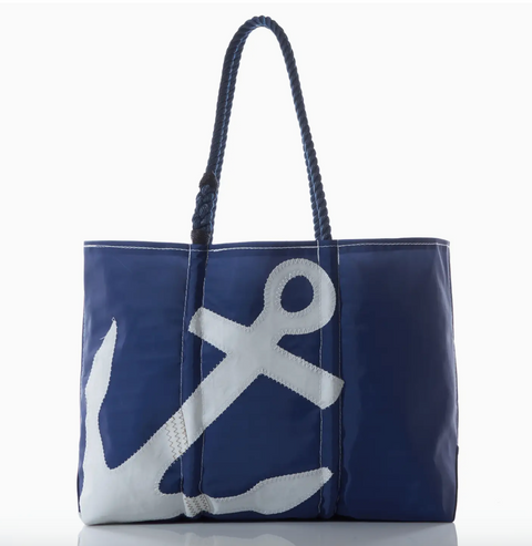 White On Navy Anchor Large Tote