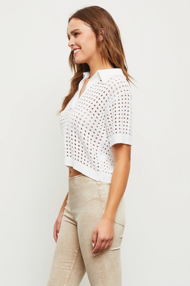 Crochet The Day Collared Top - White