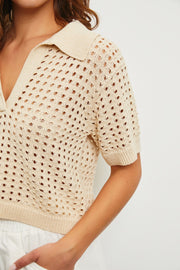 Crochet The Day Collared Top - Tan