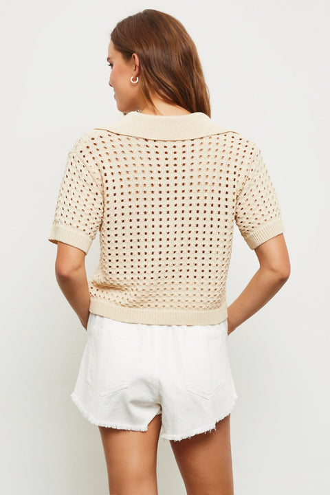 Crochet The Day Collared Top - Tan