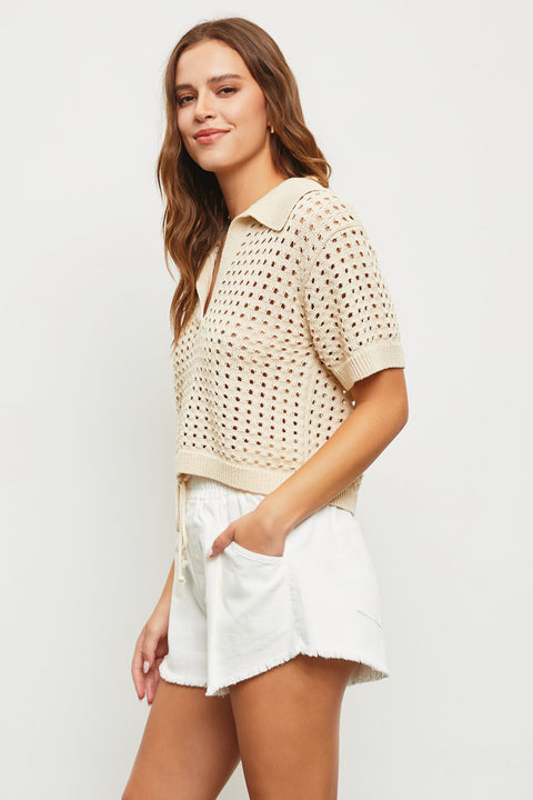 Crochet The Day Collared Top - Tan