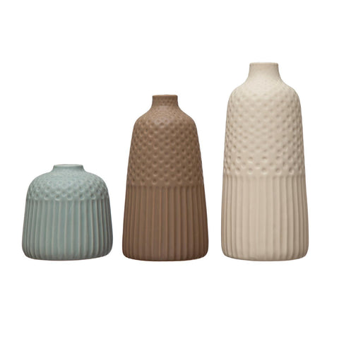 Debossed Stoneware Vases, Matte Glaze - Aqua