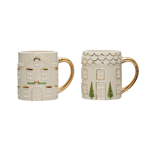 16 oz. Hand-Painted Stoneware House Mug w/ Gold Electroplating, Multi Color