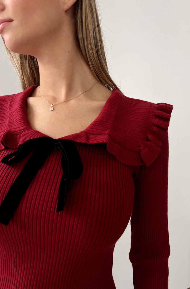 Merry Merry Collar Bow Top - Ruby