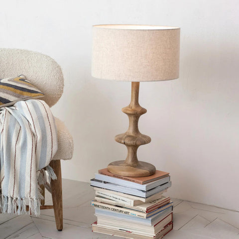 Mango Wood Table Lamp w/ Cotton & Linen Shade & Inline Switch, 6&