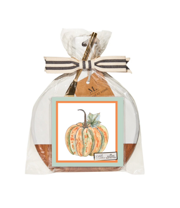 Bright & Thankful Napkin and Ribbon Acacia Bevel Board White Medium w/ gold spreader