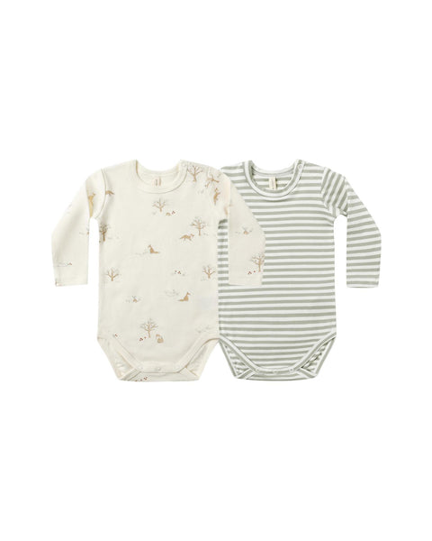 Quincy Mae Jersey Bodysuit 2 Pack - Fox Land/ Fern Stripe