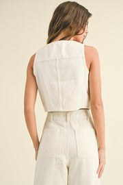 White Denim Down Crop Vest