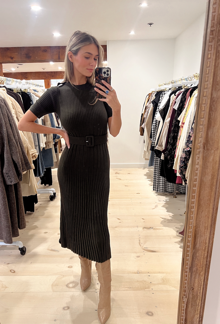 Wishlist Ribbed Belt Dress - Dark Olive