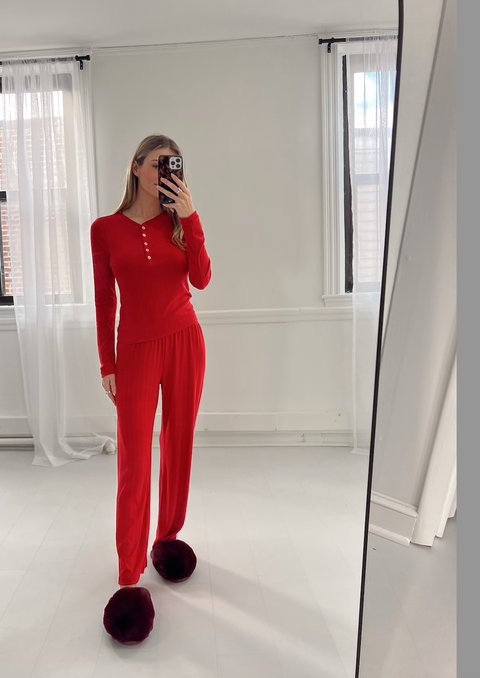 Luxe Pointelle Pant in Festive Red