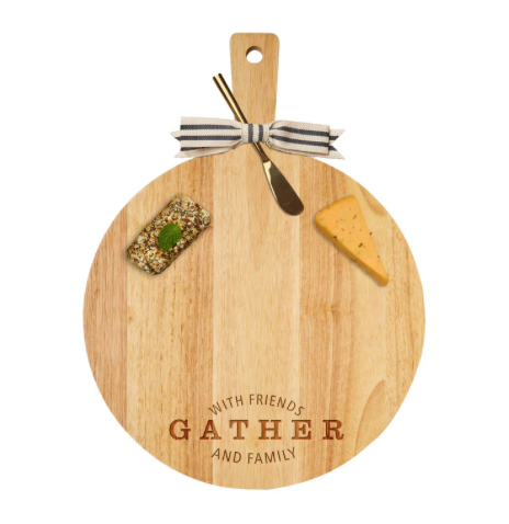 All the Cheese 19x14" Rubber Wood Thick Handle Round Cutting Board w/ Gold Spreader & Ribbon ** 