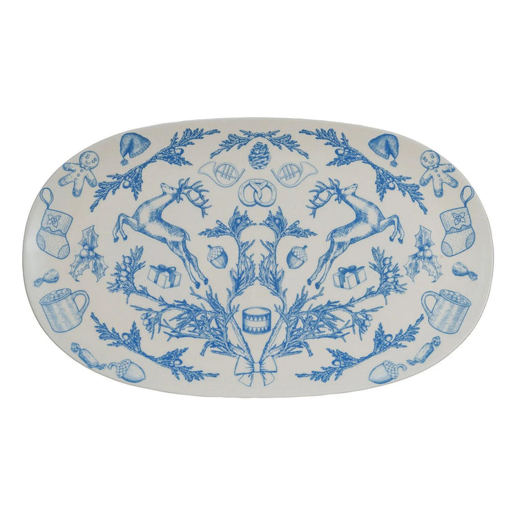 Stoneware Platter w/ Holiday Pattern, Blue & Cream Color