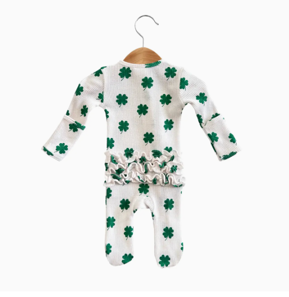Organic Waffle 2-Way Zip Ruffle Footie, Clover