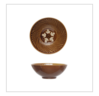 Hand-Painted Stoneware Serving Bowl w/ Design, Brown