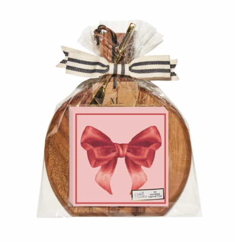 Bow Napkin and Ribbon Acacia Bevel Board Medium w/ gold spreader