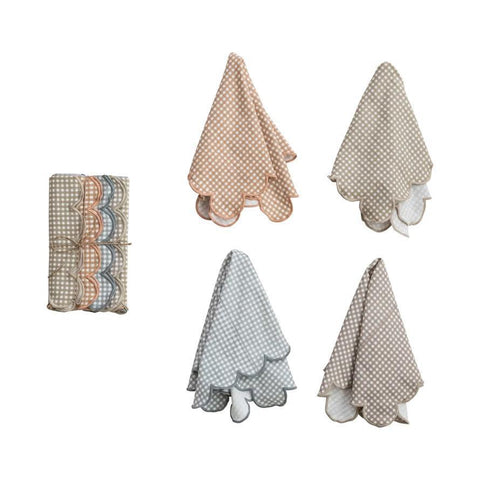Cotton Printed Scalloped Napkins w/ Check Pattern & Stitched Edge, Set of 4 Tied w/ Jute