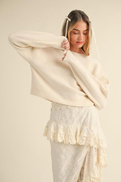 Back Bow Knit Sweater Top Cream