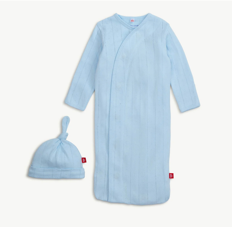 love lines blue organic cotton pointelle magnetic cozy sleeper gown + hat set