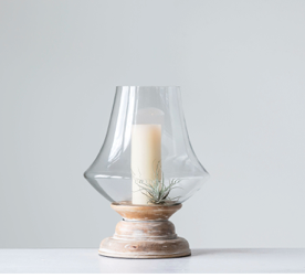 Hand-Blown Glass and Wood Hurricane,