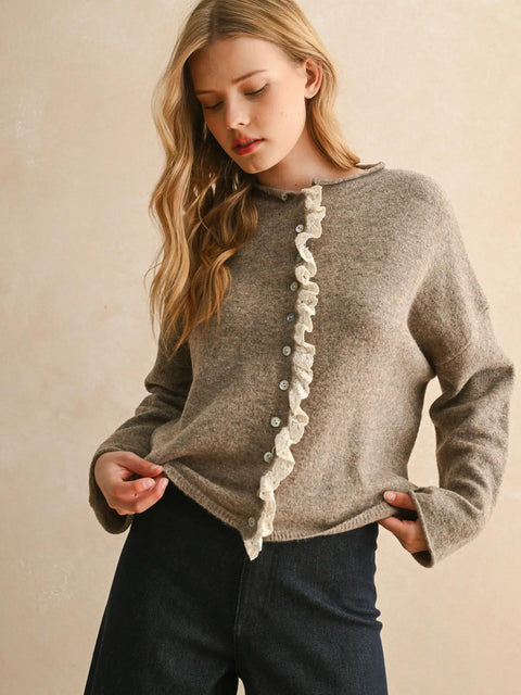 Lovelace Trim Cardi - Mocha