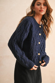 Cable Girl Button Up Cardi - Navy