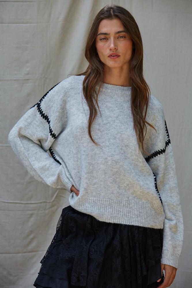 Mason Whipstitch Sweater - Heather Grey/ Black