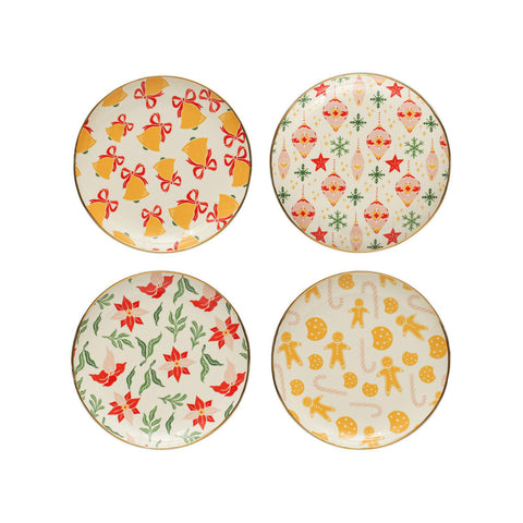 8" Round Stoneware Plate w/ Holiday Pattern & Gold Electroplating, Multi Color