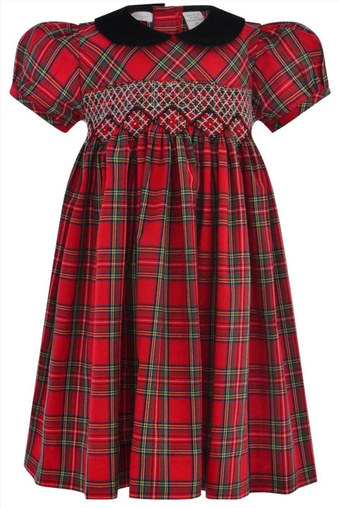 Girls Plaid Short Sleeve Dress with Hand Smocked Design