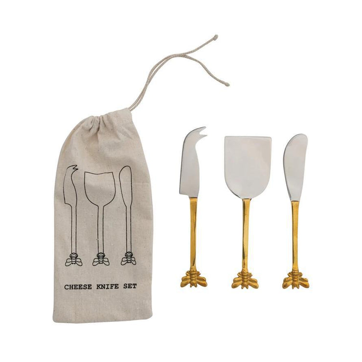 Bee Stainless Steel & Brass Cheese Knives, Set of 4 in Drawstring Bag