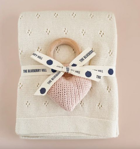 Heart Rattle Teether Cream Blanket Set Cotton Baby