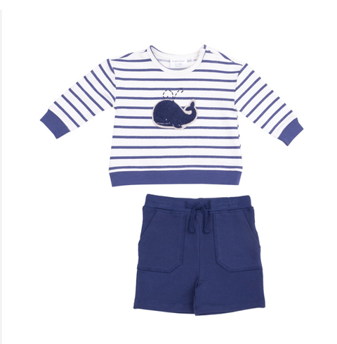 Bubbly Whale Blue French Terry Sweatshirt with Patch and Short