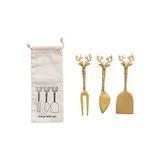 Brass Cheese Knives w/ Reindeer Handles, Set of 3 in Printed Drawstring Bag