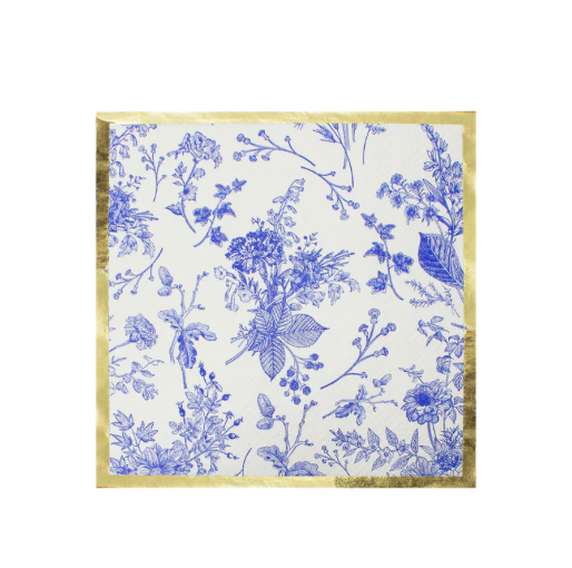 Blue and White Floral Cocktail Napkin Timeless/20pkg 3ply, FOIL