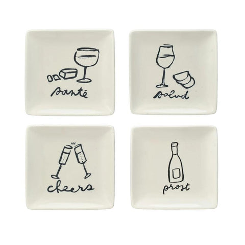 Stoneware Dish w/ Wine Art & Word, White & Black - all styles