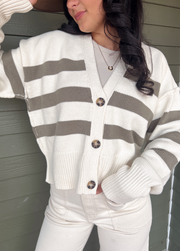 Stripe It Or Not Button Down Cardi - Cream/Olive