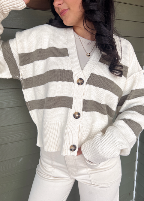 Stripe It Or Not Button Down Cardi - Cream/Olive
