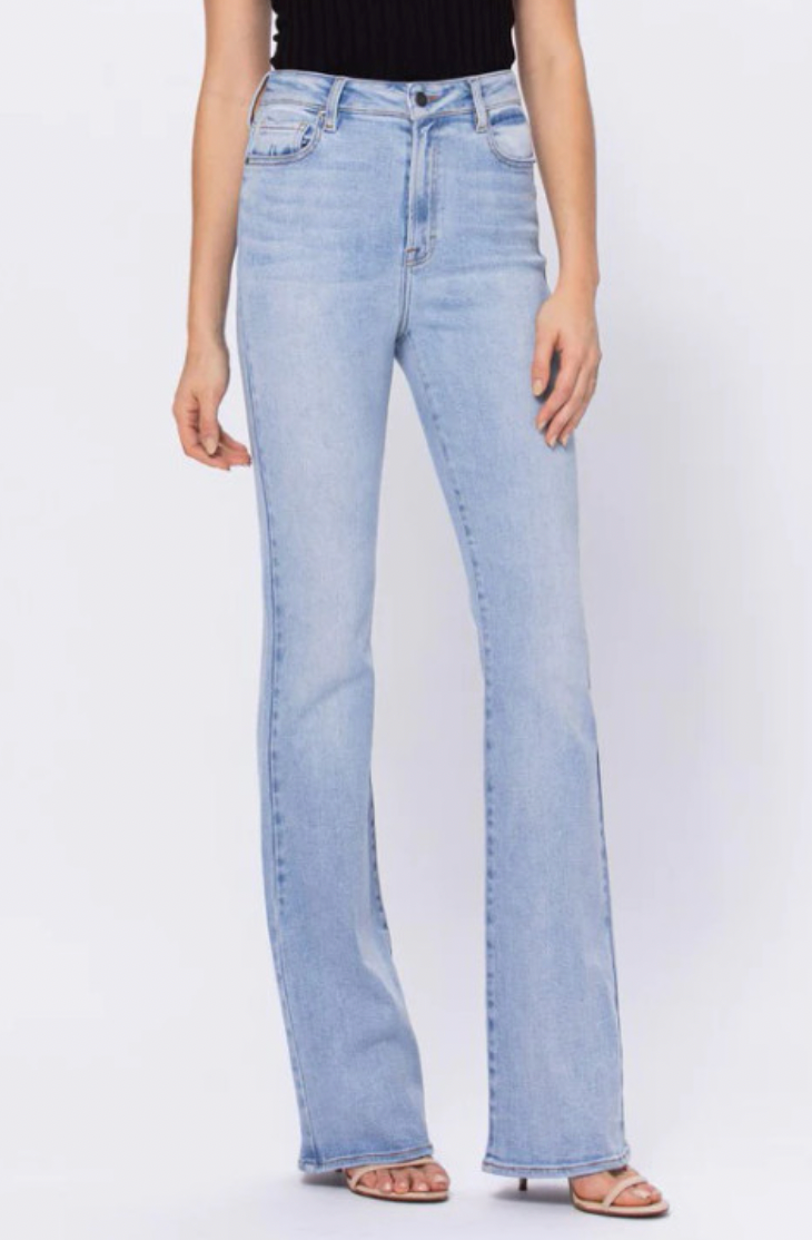 High Waisted Mid Wash Blue Denim Flared Jeans