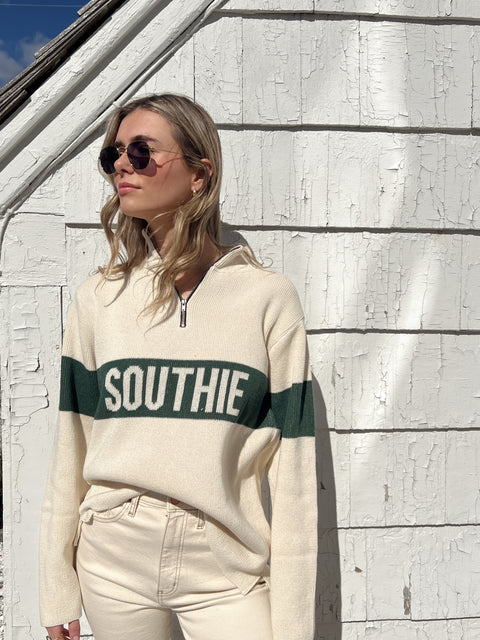 Southie Quarter Zip Sweater - Natural/ Hunter Green