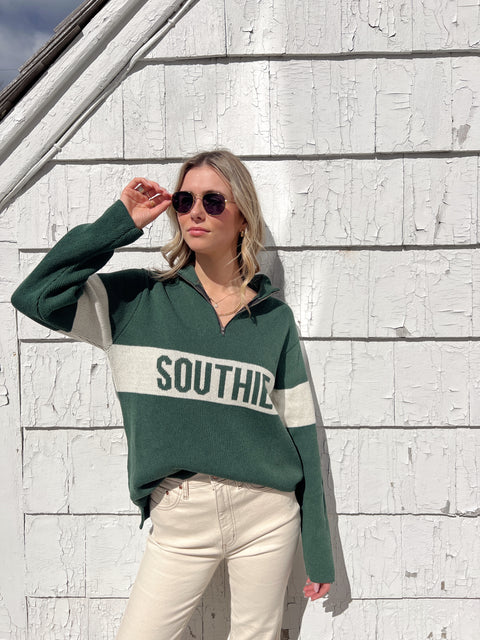 Southie Quarter Zip Sweater - Hunter Green/ Natural