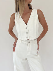 White Denim Down Crop Vest