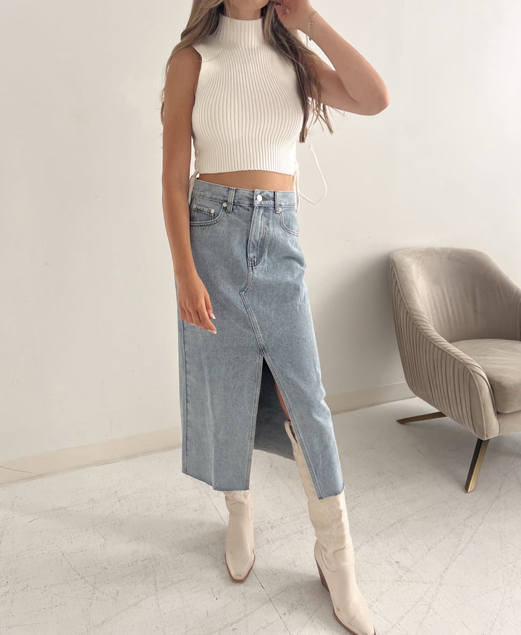 Walk This Way Denim Midi Skirt
