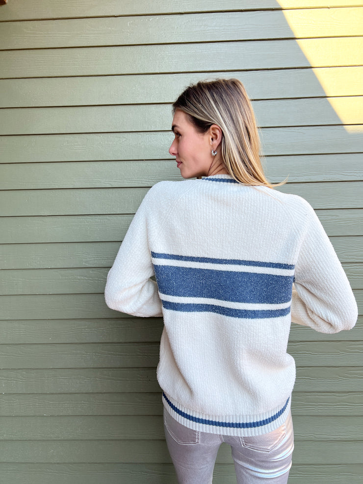 COZYCHIC COTTON APRES PULLOVER SWEATER - CREAM/BLUE