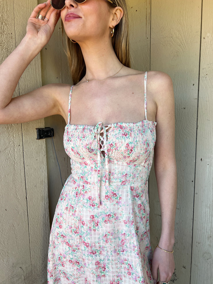 smocked lace up dress Beige Linen Dress - Lace-Up Midi Dress - A-Line Midi Dress
